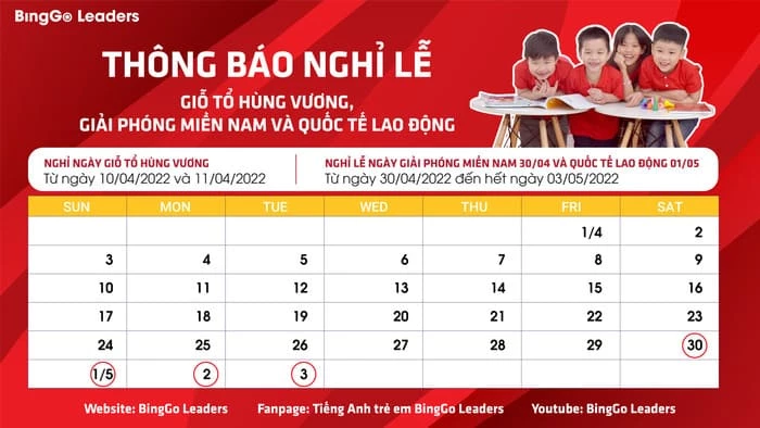 BingGo Leaders thông báo lịch nghỉ lễ