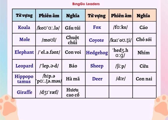 Các loài động vật có vú và động vật hoang dã trong tiếng Anh (phần 2)