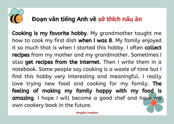Viết đoạn văn tiếng Anh về sở thích nấu ăn