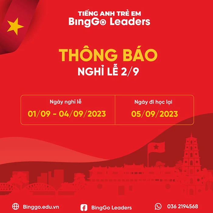 Lịch nghỉ lễ Quốc Khánh tại tiếng Anh trẻ em BingGo Leaders