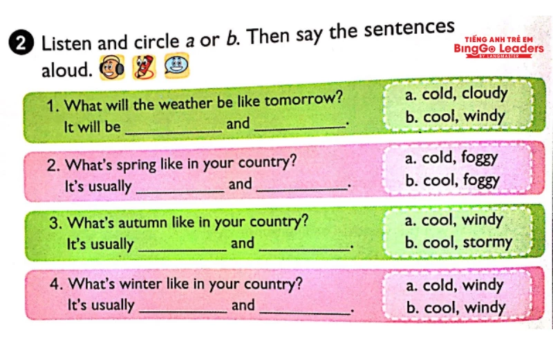 Bài 2: Listen and circle a or b. Then say the sentences aloud.