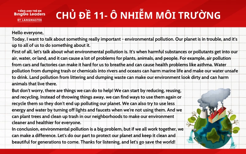 Bài mẫu chủ đề thuyết trình tiếng Anh cho trẻ em - Ô nhiễm môi trường