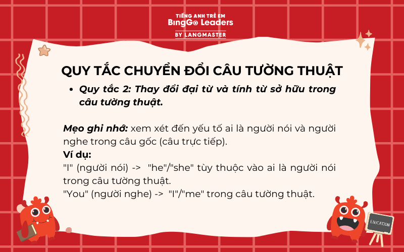 Quy tắc 2: Thay đổi đại từ và tính từ sở hữu trong câu tường thuật.