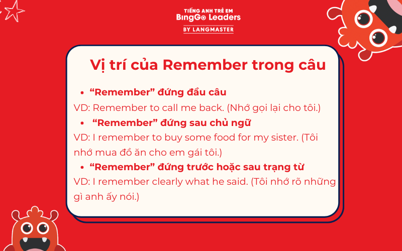 Vị trí của remember trong câu