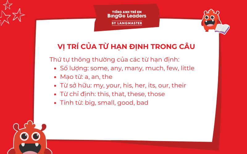 Vị trí của từ hạn định trong câu