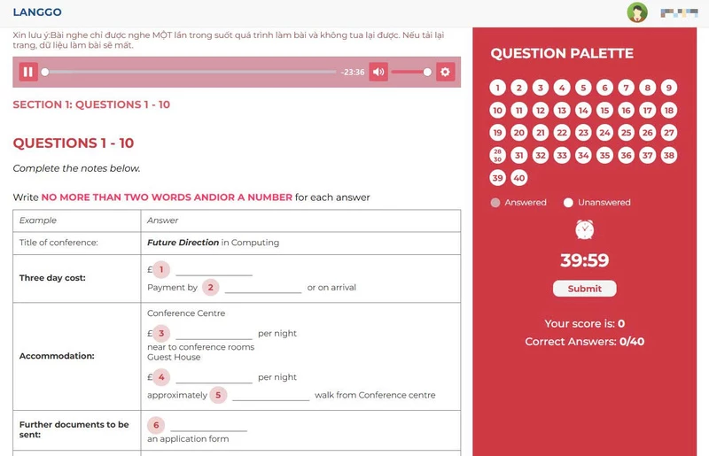 Bài test của IELTS LangGo được thiết kế sát với đề thi thật