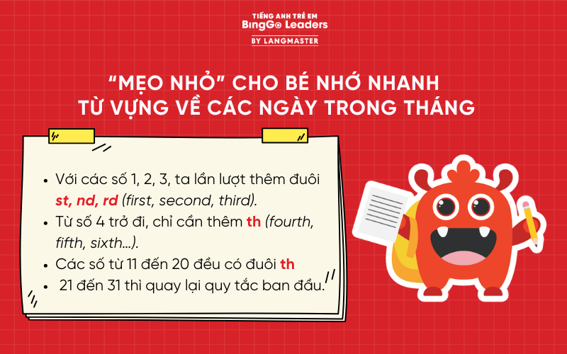 Từ vựng các ngày trong tháng bằng tiếng Anh