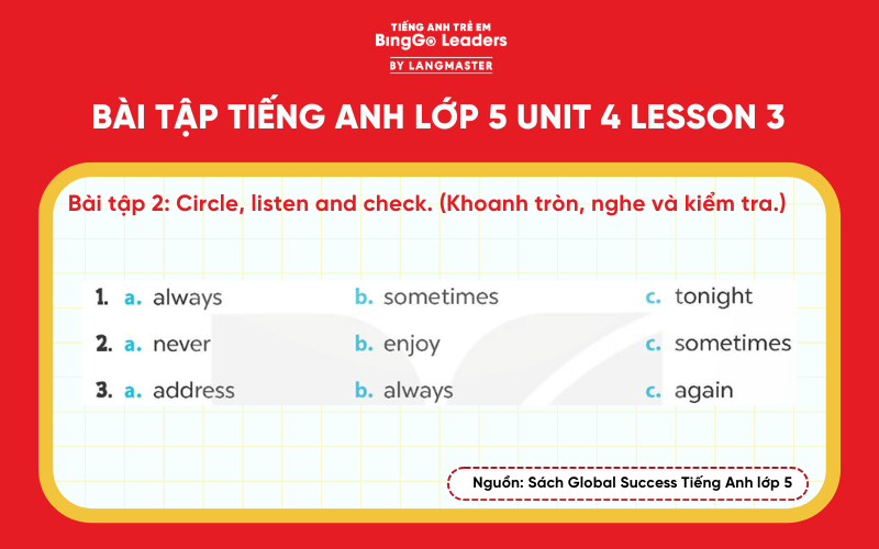 Bài tập tiếng Anh lớp 5 Unit 4 Lesson 3 sách Global Success