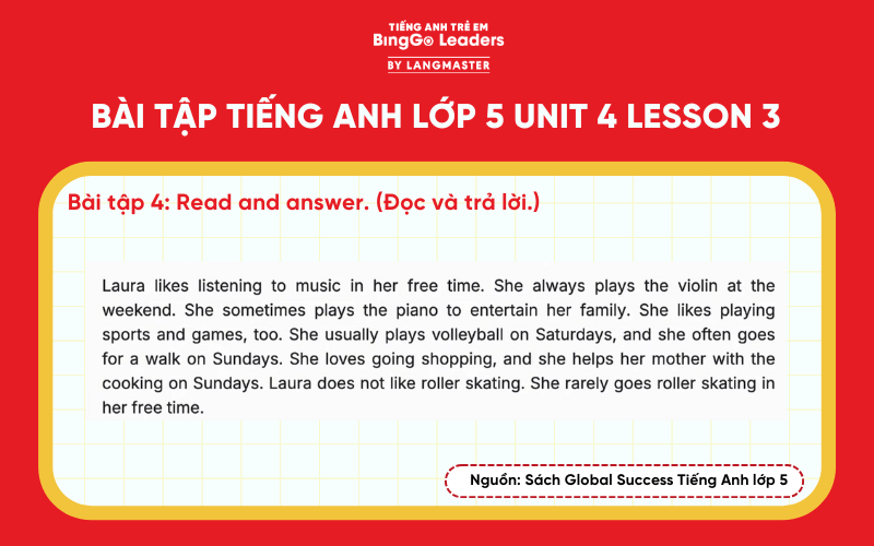 Bài tập tiếng Anh lớp 5 Unit 4 Lesson 3 sách Global Success