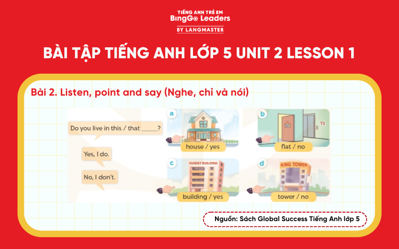 Bài tập 2 tiếng Anh lớp 5 Unit 2 Lesson 1 sách Global Success