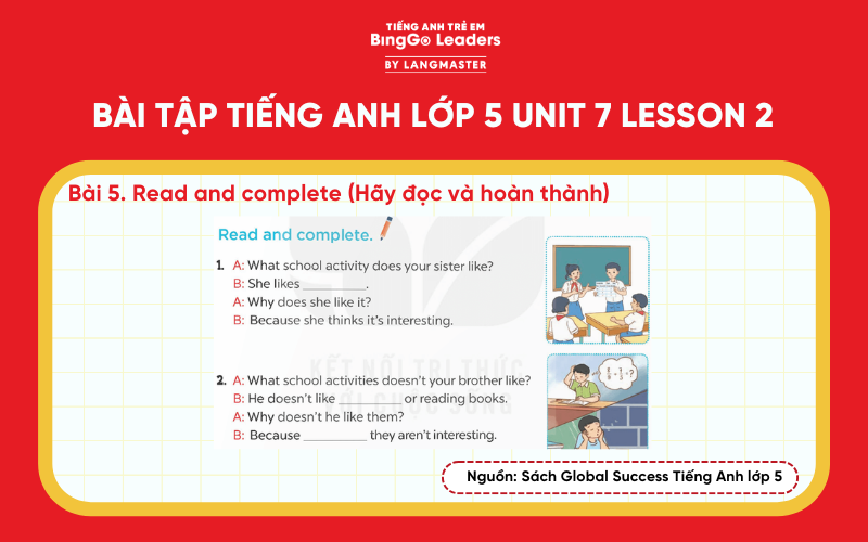 Bài tập 5 tiếng Anh lớp 5 Unit 7 Lesson 2 Global Success