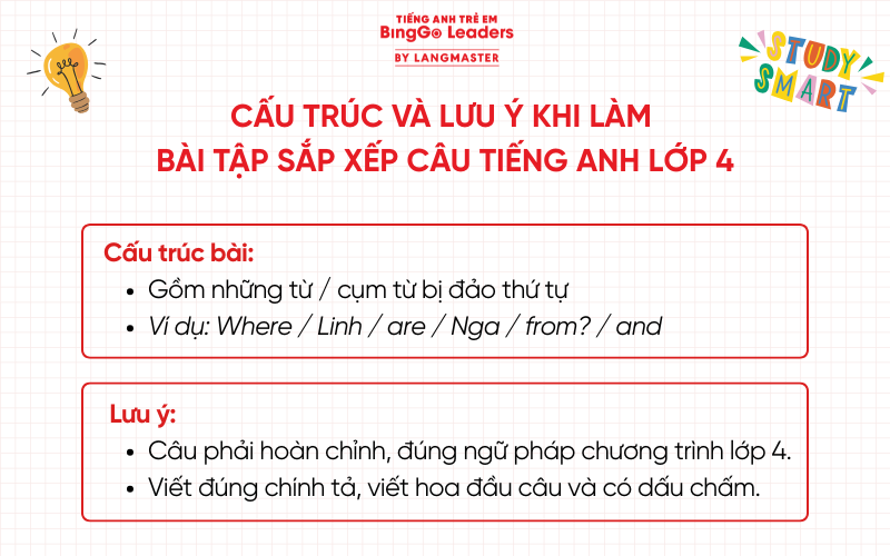 Cấu trúc và chú ý khi làm bài tập sắp xếp từ tiếng Anh lớp 4