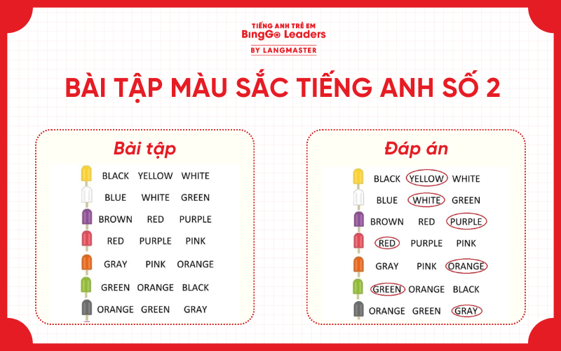 Bài tập tiếng Anh chủ đề màu sắc cho bé
