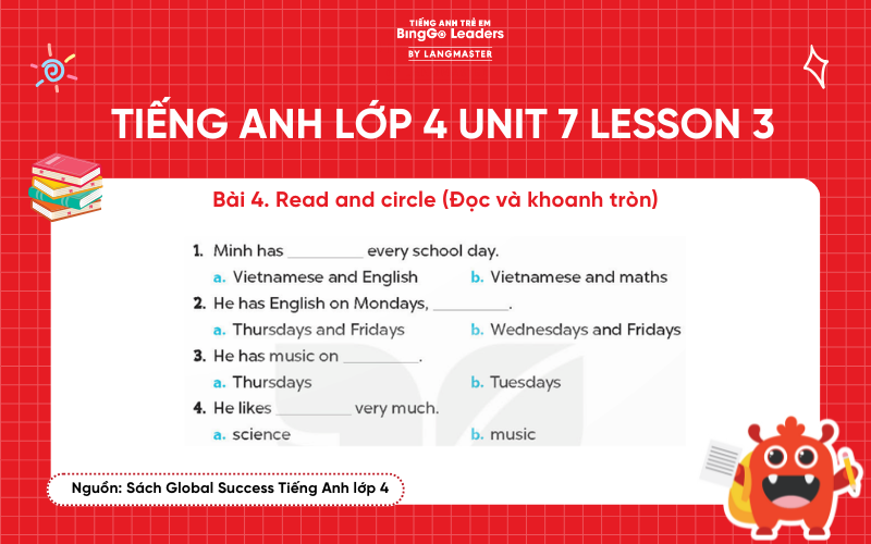 Bài tập tiếng Anh lớp 4 Unit 7 Lesson 3 sách Global Success