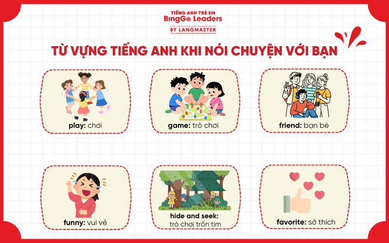 Từ vựng tiếng Anh giao tiếp cho bé lớp 2 về chủ đề trò chuyện với bạn