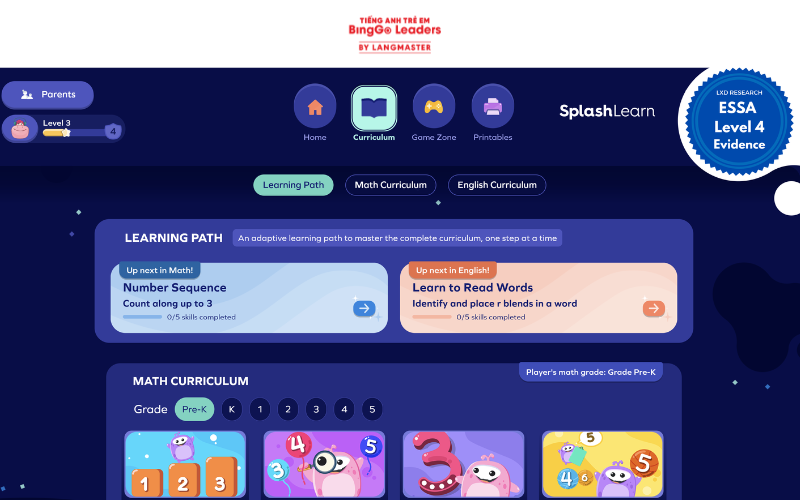 Phần mềm cho bé mầm non học tiếng Anh SplashLearn