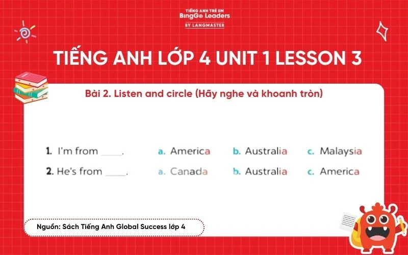 Bài tập tiếng Anh lớp 4 Unit 1 Lesson 3 Global Success