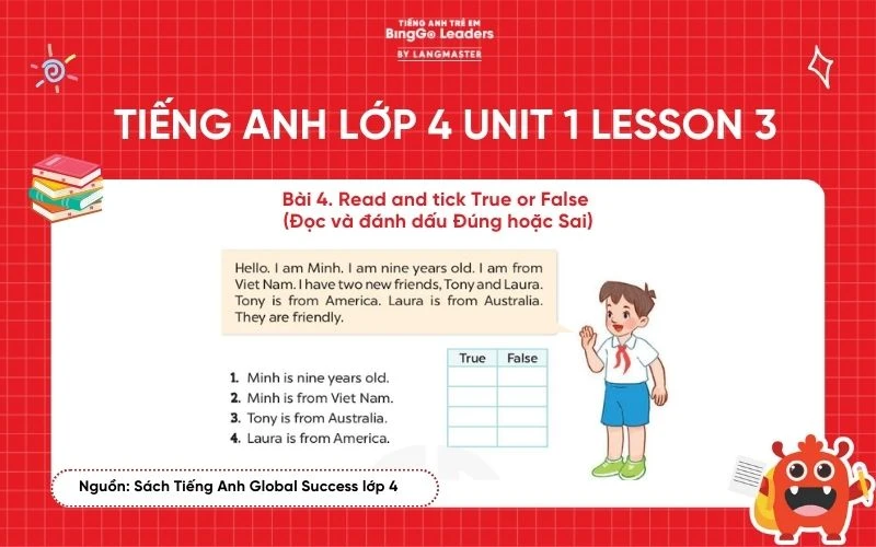Bài tập tiếng Anh lớp 4 Unit 1 Lesson 3 Global Success
