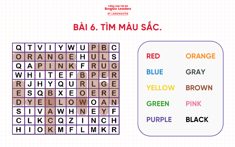 Đáp án bài tập cho bé học màu sắc tiếng Anh