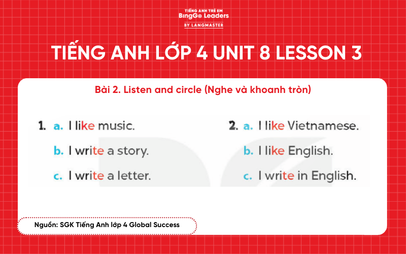 Bài tập tiếng Anh lớp 4 Unit 8 Lesson 3 sách Global Success