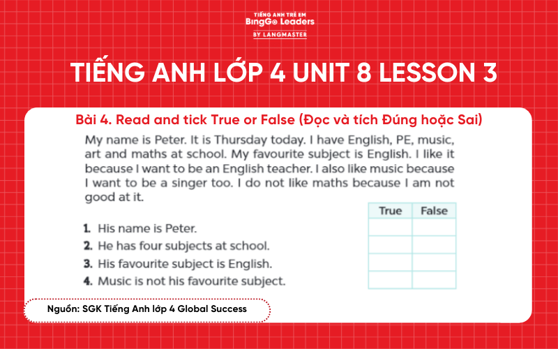 Bài tập tiếng Anh lớp 4 Unit 8 Lesson 3 sách Global Success