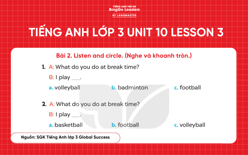 Bài tập tiếng Anh lớp 3 Unit 10 Lesson 3 sách Global Success