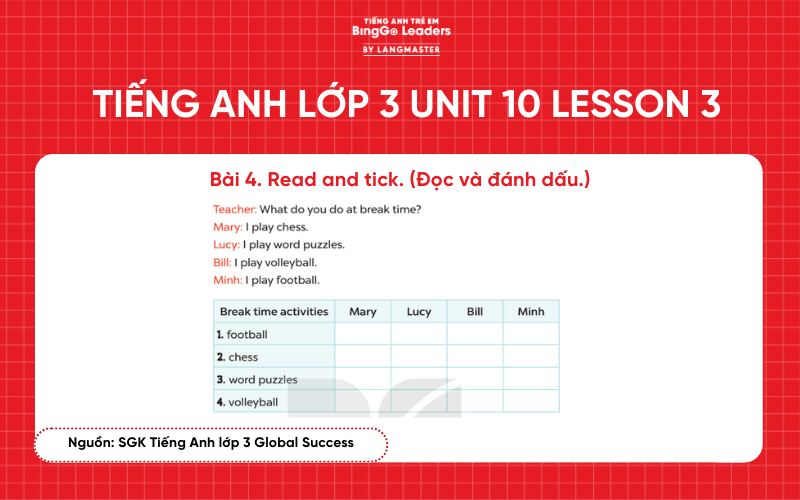 Bài tập tiếng Anh lớp 3 Unit 10 Lesson 3 sách Global Success