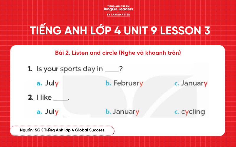 Bài tập tiếng Anh lớp 4 Unit 9 Lesson 3 sách Global Success