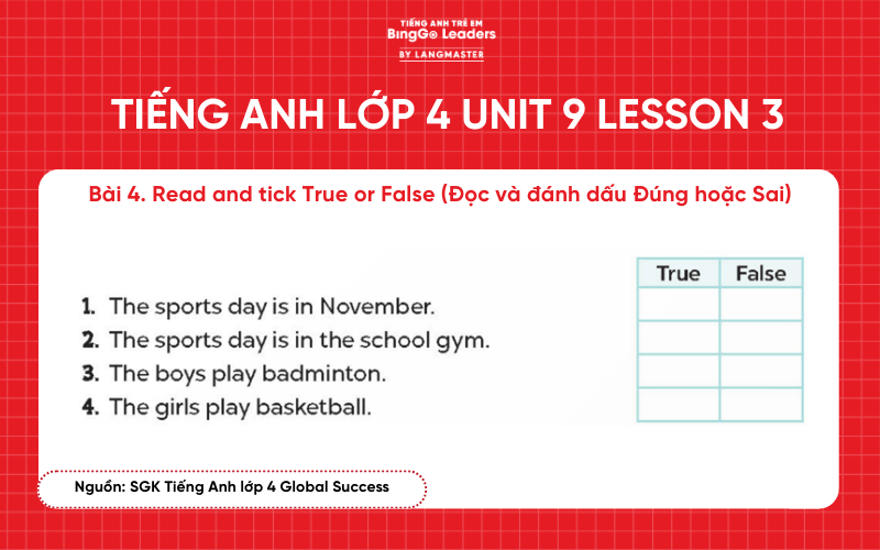 Bài tập tiếng Anh lớp 4 Unit 9 Lesson 3 sách Global Success