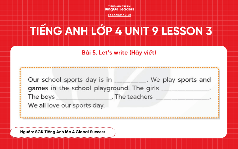 Bài tập tiếng Anh lớp 4 Unit 9 Lesson 3 sách Global Success