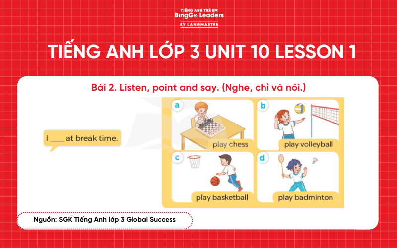 Bài tập tiếng Anh lớp 3 Unit 10 Lesson 1 sách Global Success