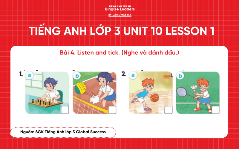 Bài tập tiếng Anh lớp 3 Unit 10 Lesson 1 sách Global Success