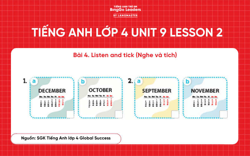 Bài tập tiếng Anh lớp 4 Unit 9 Lesson 2 Global Success