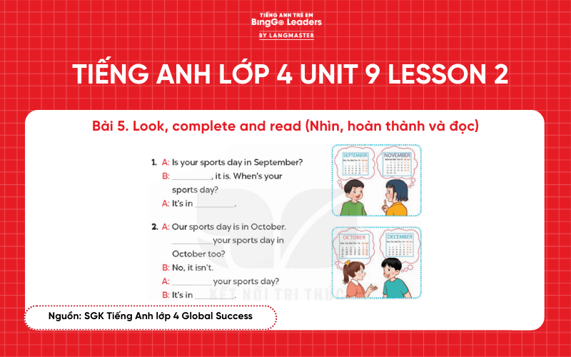 Bài tập tiếng Anh lớp 4 Unit 9 Lesson 2 Global Success