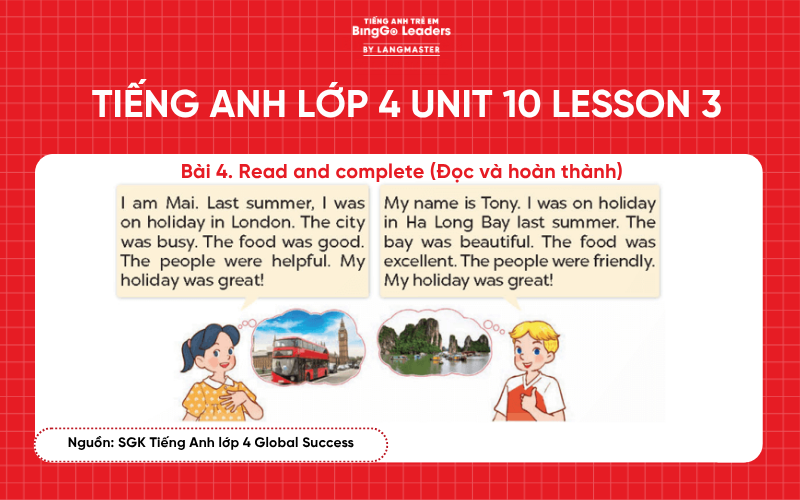 Bài tập tiếng Anh lớp 4 Unit 10 Lesson 3 sách Global Success