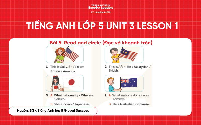 Bài tập tiếng Anh lớp 5 Unit 3 Lesson 1 sách Global Success