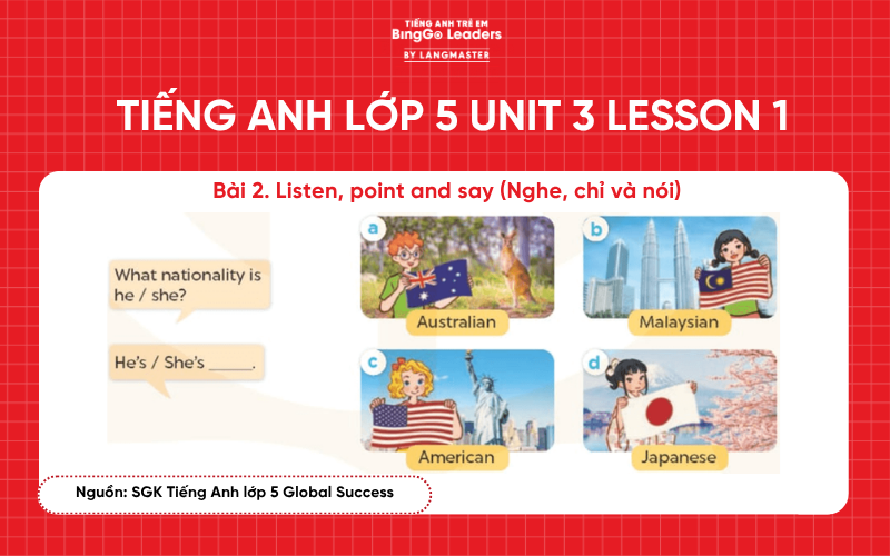 Bài tập tiếng Anh lớp 5 Unit 3 Lesson 1 sách Global Success