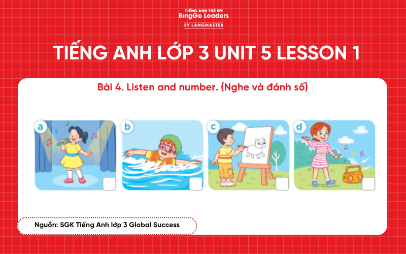 Bài tập tiếng Anh lớp 3 Unit 5 Lesson 1 sách Global Success