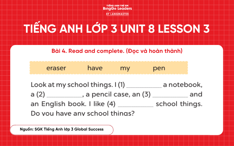 Bài tập tiếng Anh lớp 3 Unit 8 Lesson 3 sách Global Success