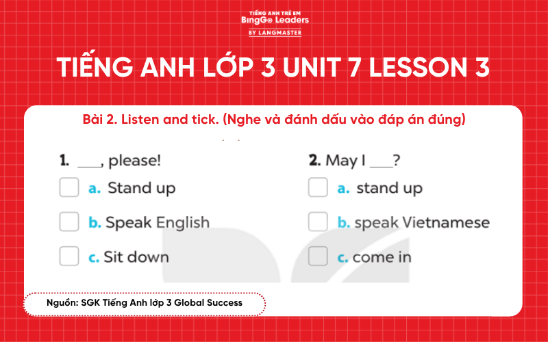 Bài tập tiếng Anh lớp 3 Unit 7 Lesson 3 sách Global Success