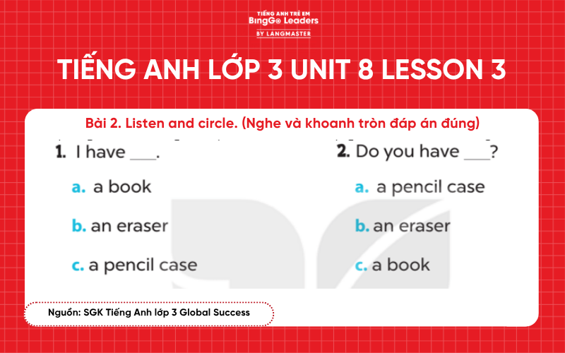 Bài tập tiếng Anh lớp 3 Unit 8 Lesson 3 sách Global Success