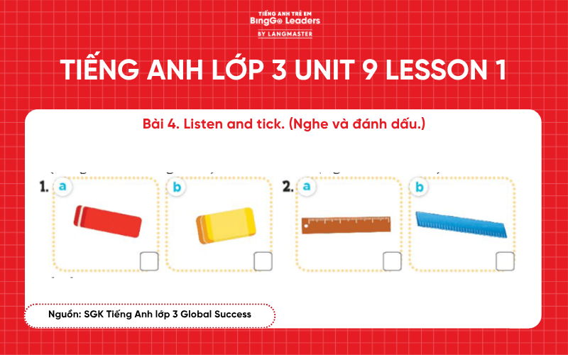 Bài tập tiếng Anh lớp 3 Unit 9 Lesson 1 sách Global Success