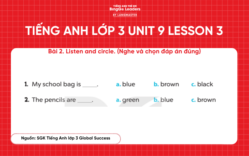 Bài tập tiếng Anh lớp 3 Unit 9 Lesson 3 sách Global Success