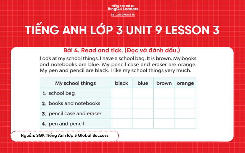 Bài tập tiếng Anh lớp 3 Unit 9 Lesson 3 sách Global Success