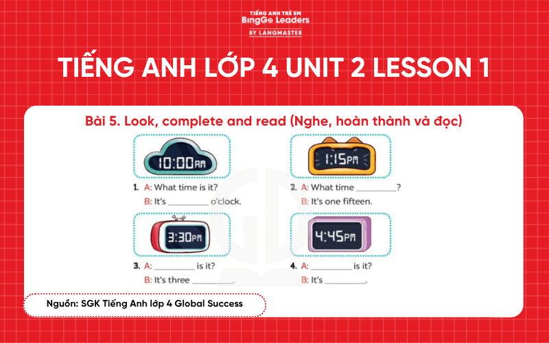 Bài tập tiếng Anh lớp 4 Unit 2 Lesson 1 chương trình Global Success